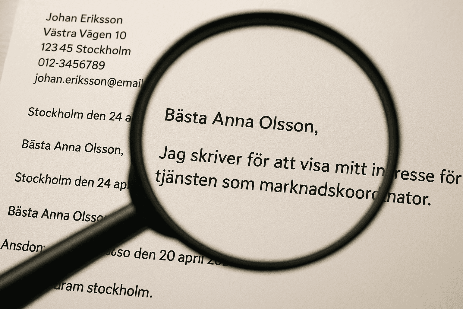 Illustration som visar en förstorad vy av början på ett personligt brev, med fokus på den första meningen.
