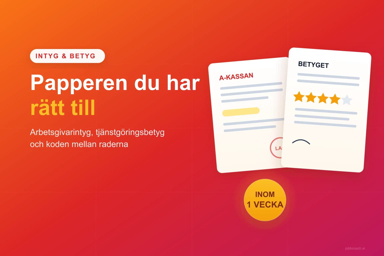 Två dokument: arbetsgivarintyg till a-kassan och tjänstgöringsbetyg med vitsord