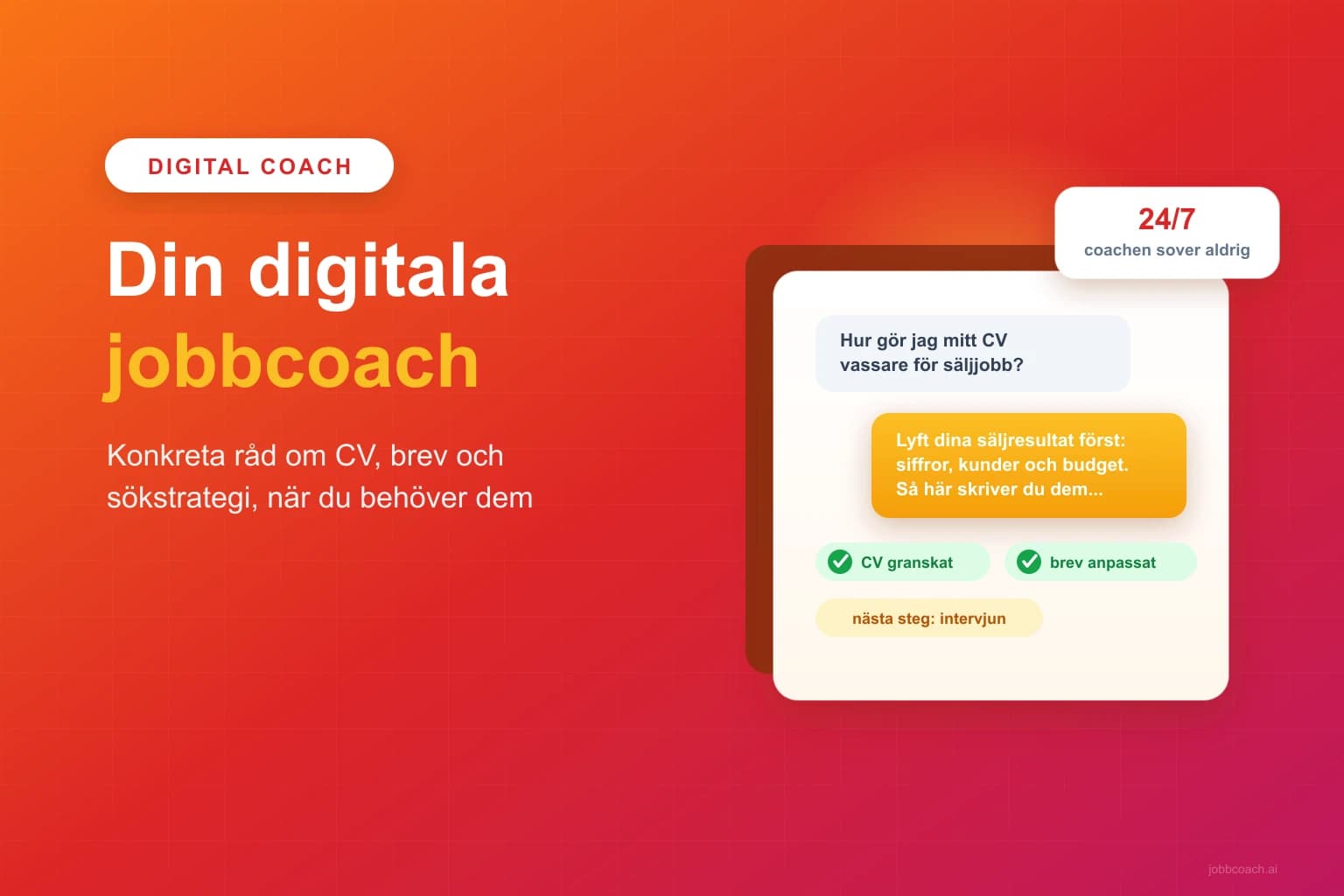 Illustration som visar hur jobbcoach.ai fungerar som en digital jobbcoach med AI-driven analys och generering av CV och personligt brev.